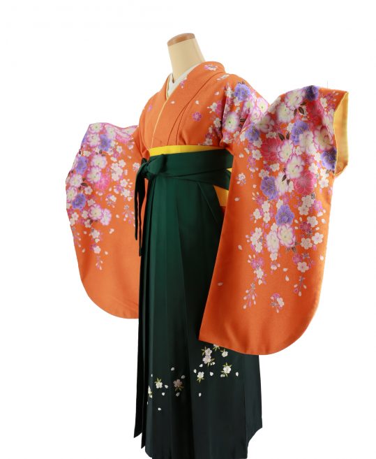 卒業式袴レンタルNo.664[2Lサイズ][王道古典]オレンジ・青紫ピンク桜